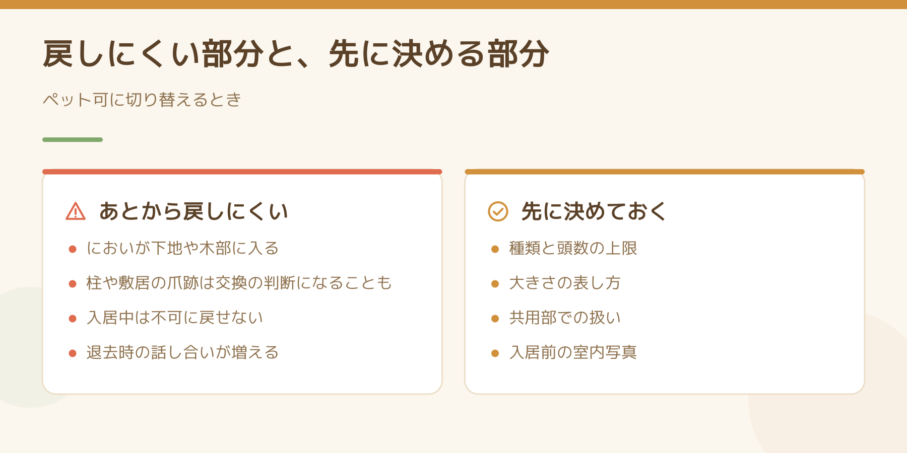 ペット可への切り替えで、あとから戻しにくい部分と先に決めておく部分を左右に並べて比べた図。