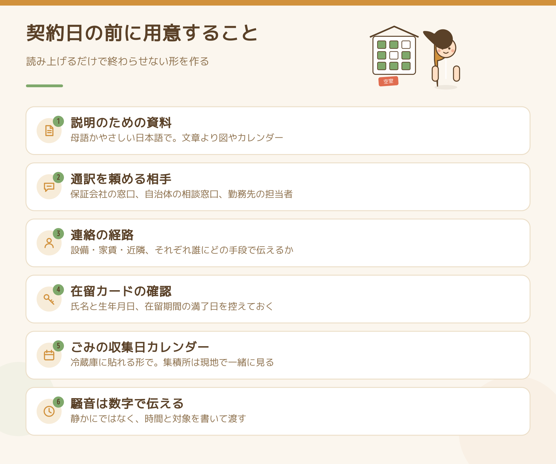 契約日の前に用意すること6項目。説明のための資料、通訳を頼める相手、連絡の経路、在留カードの確認、ごみの収集日カレンダー、騒音を数字で伝えること。