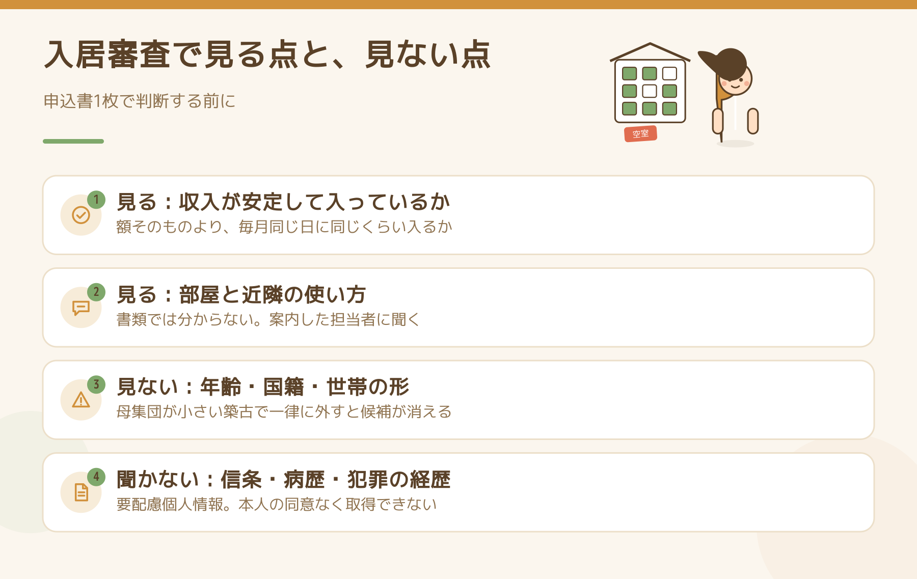 入居審査で見る点と見ない点を並べた図。見るのは収入の安定と部屋の使い方、見ないのは年齢や国籍、聞かないのは信条や病歴などの要配慮個人情報。