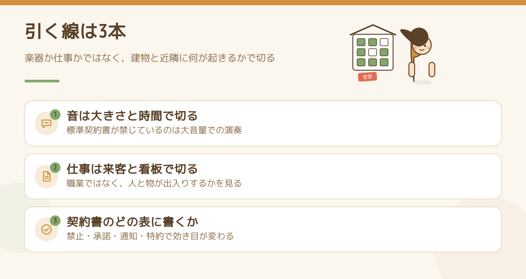 楽器と在宅ワークで引く3本の線の図。音は大きさと時間、仕事は来客と看板、契約書のどの表に書くかで効き目が変わる。