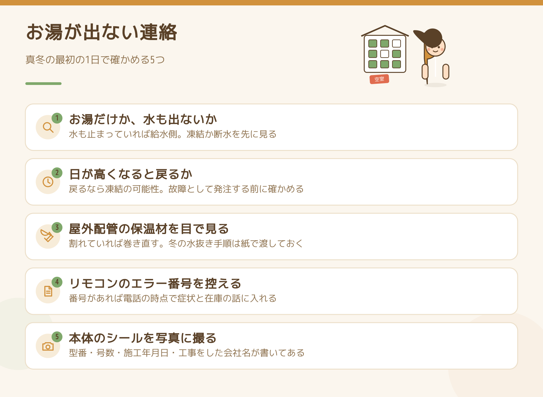 お湯が出ない連絡を受けた日に確かめる5つの図。お湯だけか水も出ないか、日が高くなると戻るか、屋外配管の保温材を目で見る、リモコンのエラー番号を控える、本体のシールを写真に撮る。