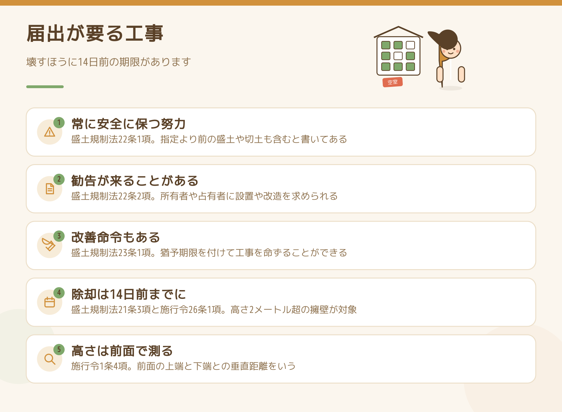 盛土規制法で擁壁の所有者に効く条文を5点にまとめた図解。努力義務・勧告・改善命令・除却の届出・高さの測り方
