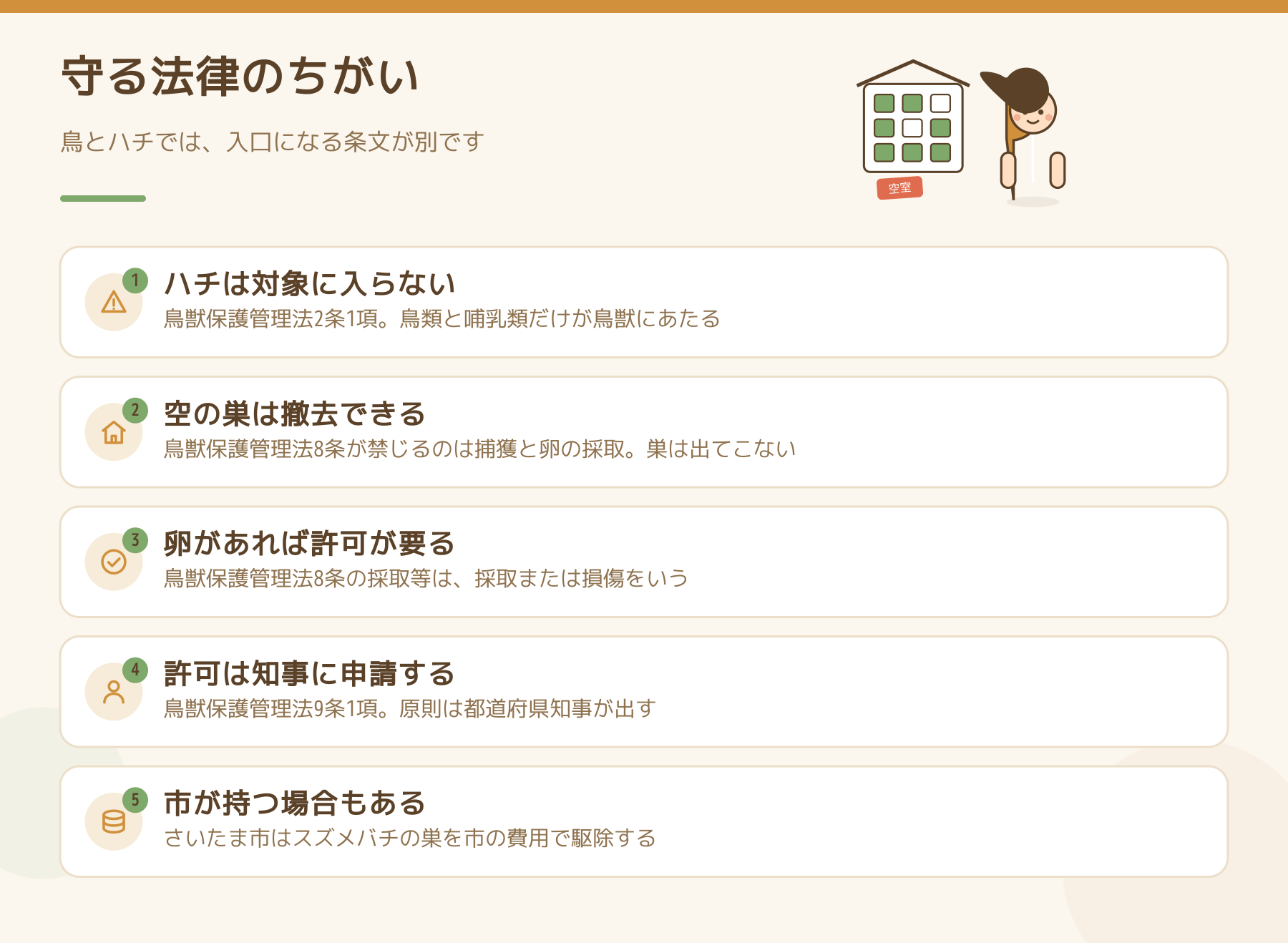 ハチと鳥で守る法律が違うことを5点にまとめた図解。鳥獣の定義・空の巣・卵・許可の申請先・市の費用負担