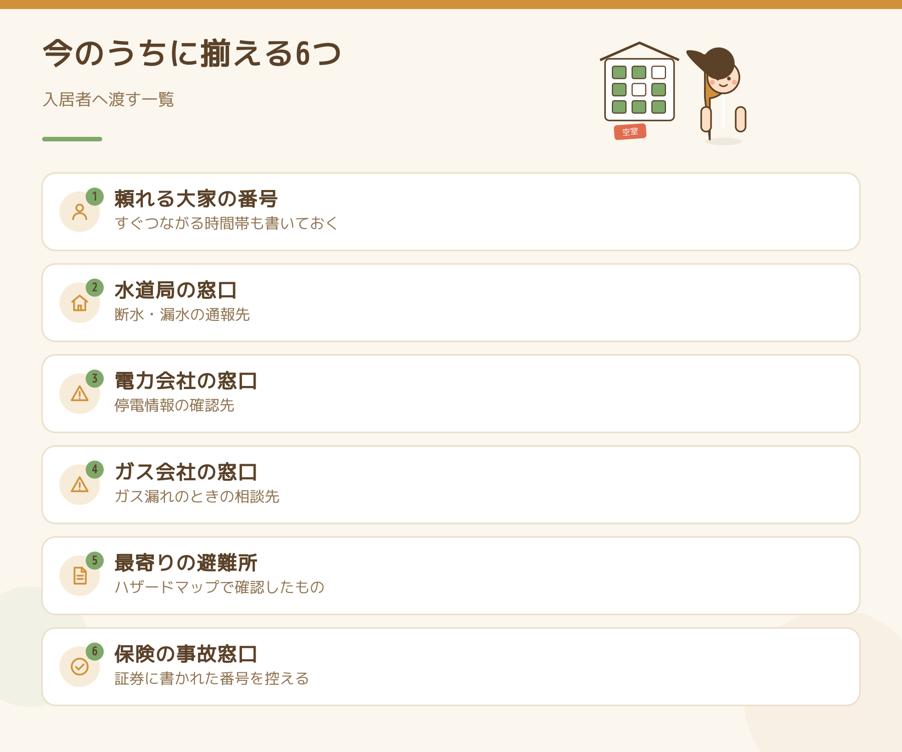 入居者に配る災害時の連絡先6つを示した図