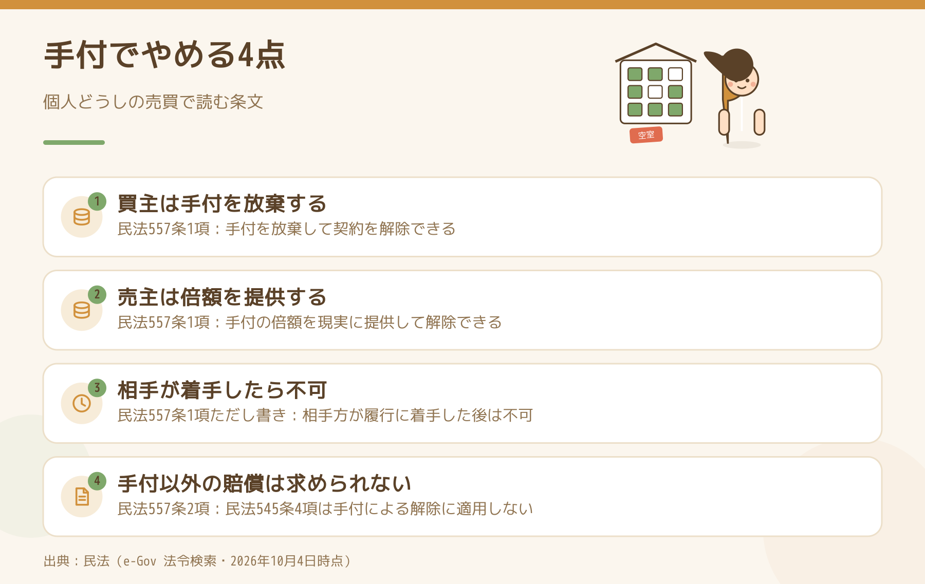 手付でやめるときの4点（民法557条）を整理した図