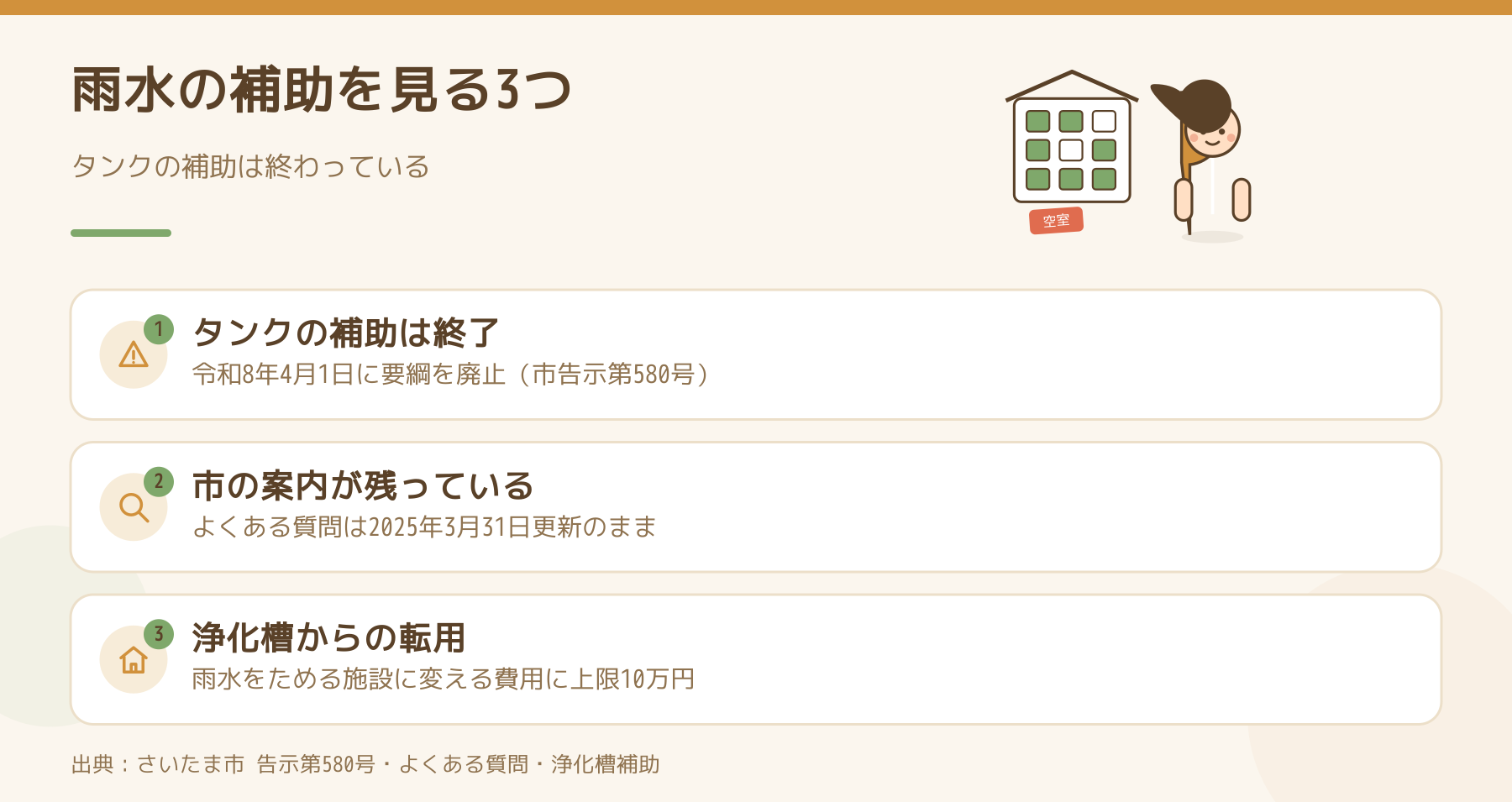 さいたま市の雨水の補助で確かめる3つ（タンクの補助は終了・市の案内が残っている・浄化槽からの転用）