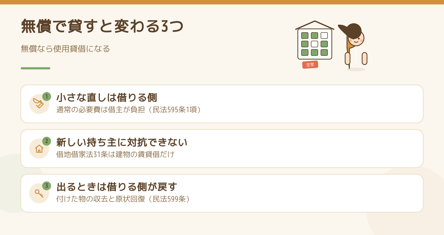 親族に無償で貸すと変わる3つ（修繕・対抗力・退去時の原状回復）