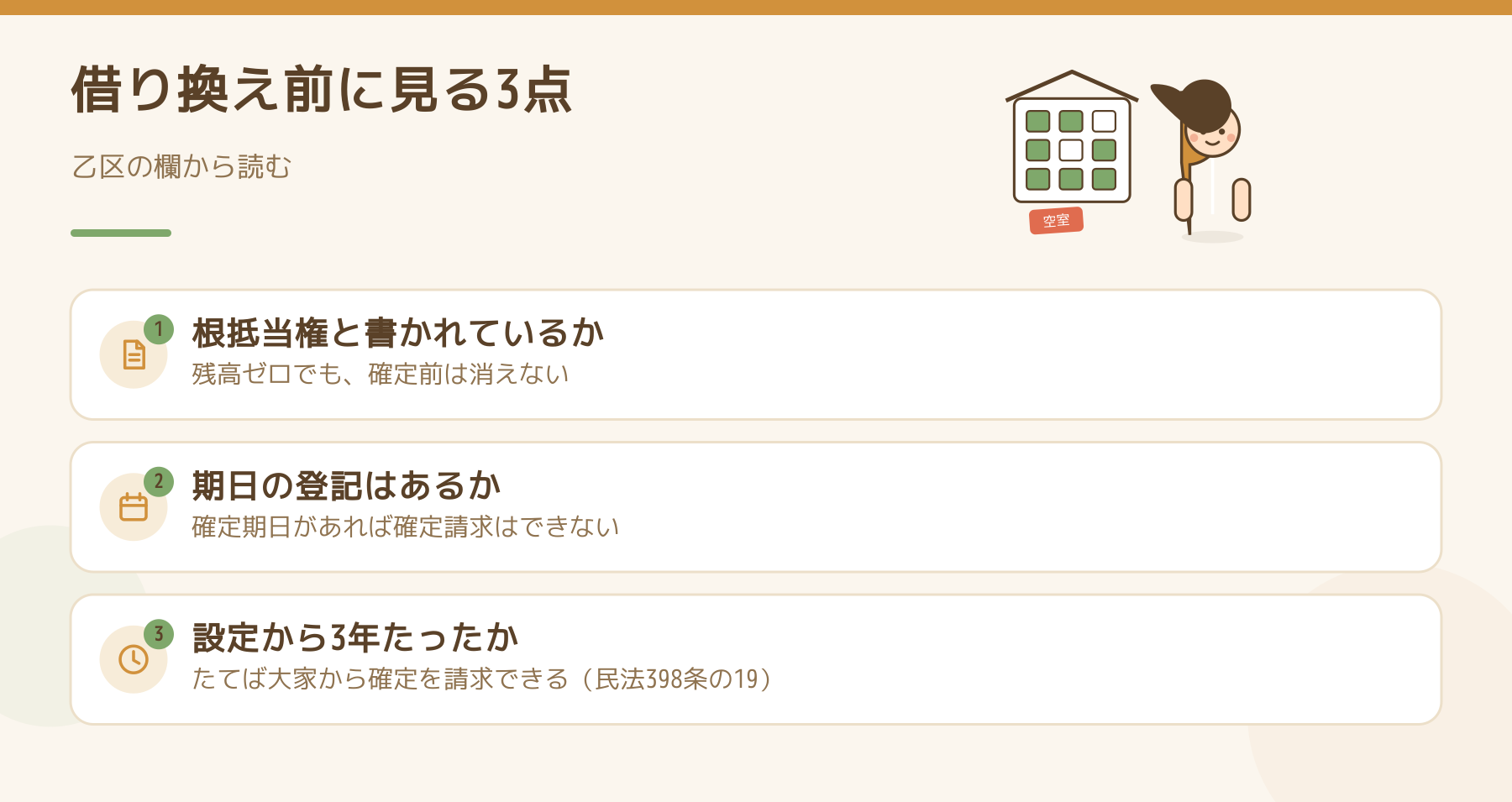 根抵当権の付いたアパートを借り換える前に登記簿で見る3点