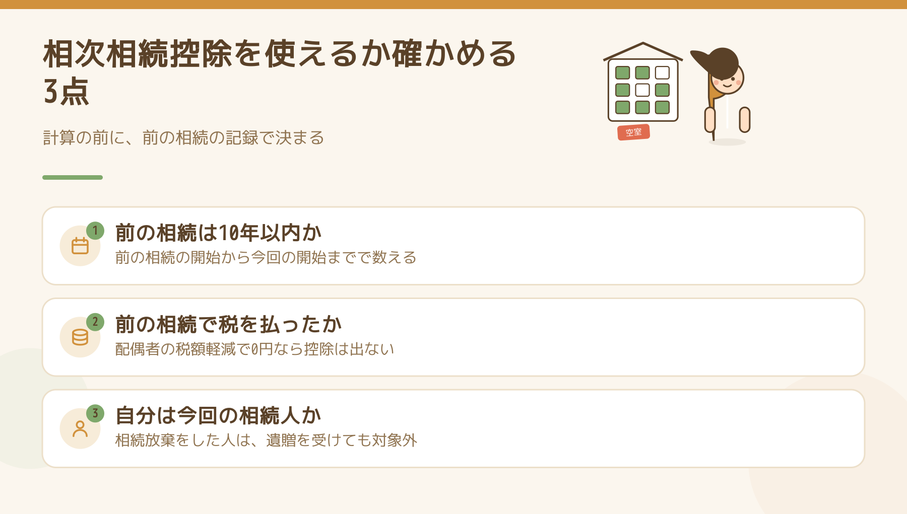 相次相続控除を使えるか確かめる3点(前の相続は10年以内か・前の相続で税を払ったか・自分は今回の相続人か)を並べた図